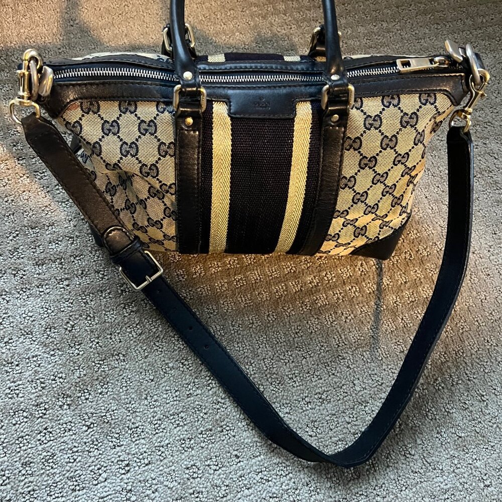 GUCCI Pre loved Navy Original GG Canvas Vintage Web Convertible Tote, Navy